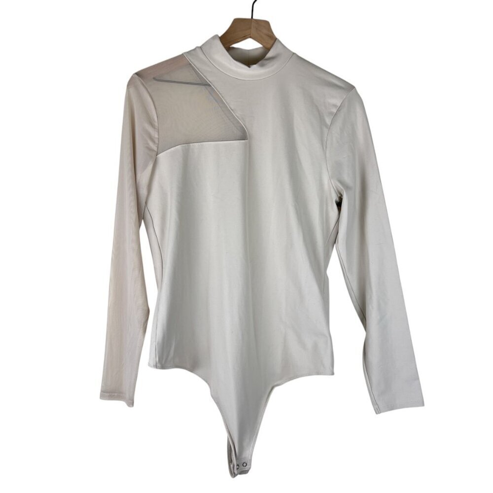 Abercrombie & Fitch Cream Long Sleeve Asymmetrical Mesh Bodysuit
